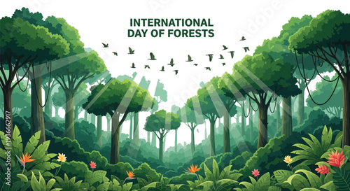 Vibrant green forest illustration celebrating International Day of Forests with lush trees, colorful flowers, and flying birds in a graphic design