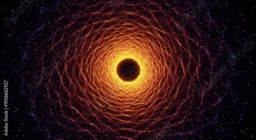Abstract glowing particle structure forms a tunnel leading toward a central dark void