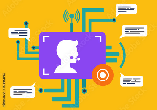 A vibrant graphic showcasing live streaming technology with a person speaking. Modern design, purple and teal tones, ideal for tech and communication concepts.