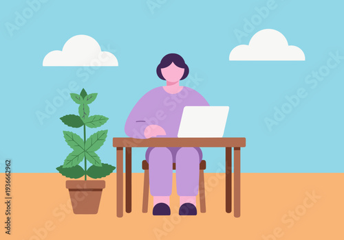A woman works remotely in a desert sanctuary, focused on her laptop with a plant nearby. Soft colors and a tranquil setting evoke a sense of calm and productivity.