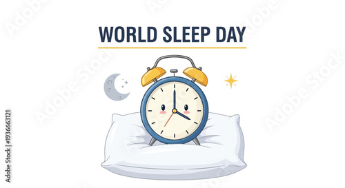 World sleep day concept illustration featuring alarm clock on a bed with moon and stars in a soothing design