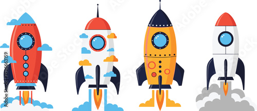 Collection, of, Colorful, Cartoon, Space, Rocket, Ships, Launching, through, Clouds, for, Kids, Astronomy, Projects, Science, Education, Vector, Clip, Art, Set