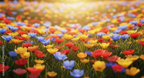 A sprawling meadow filled with countless brightly colored blossoms basking in warm, golden sunlight, creating a cheerful, happy natural scene, sky, happy, field
