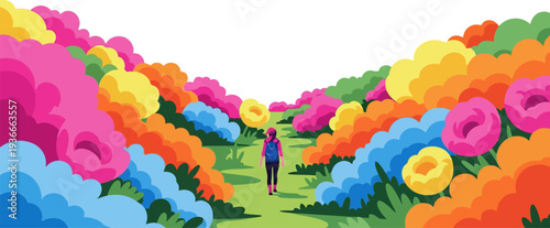Adventurous traveler exploring vibrant multicolored hills