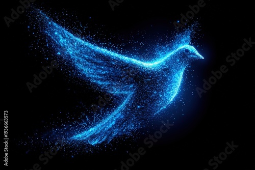 A glowing dove composed of light particles soaring through a dark sky, symbolizing peace and hope