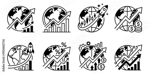Set of black and white vector world icons for travel business and web design