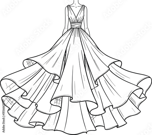 Elegant hand drawn fashion illustration of a flowing evening gown with V-neck bodice and voluminous layered skirt for bridal design