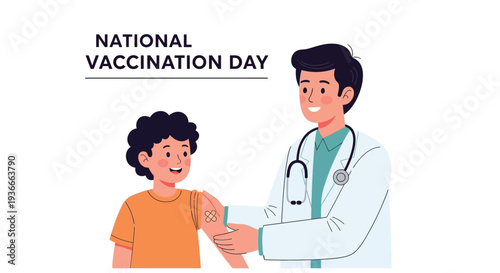 Doctor administering vaccination to a young boy on national vaccination day with a stethoscope and white coat