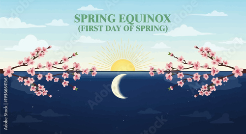 Spring equinox illustration with sun and moon in the sky surrounded by cherry blossoms on a serene background