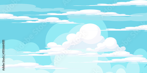 Illustration of a blue sky with white clouds in a flat style. Blue sky background and white clouds. Cartoon sky