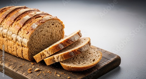 Freshly baked artisan loaf of whole wheat bread, perfectly sliced and ready for consumption, resting on a rustic wooden cutting board, golden, carbohydrate, delicious