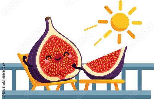 Cartoon fig characters relaxing on beach chairs under the sun