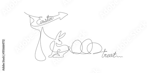 Signpost. Easter treat. Cute bunny and Easter eggs. Happy Easter. Hand drawn line drawing. 