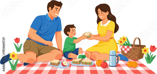 Family having a fun picnic on a checkered blanket