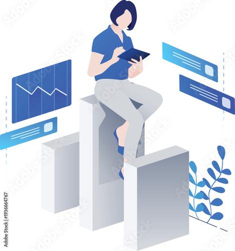 Women working and checking business analytics vector illustration