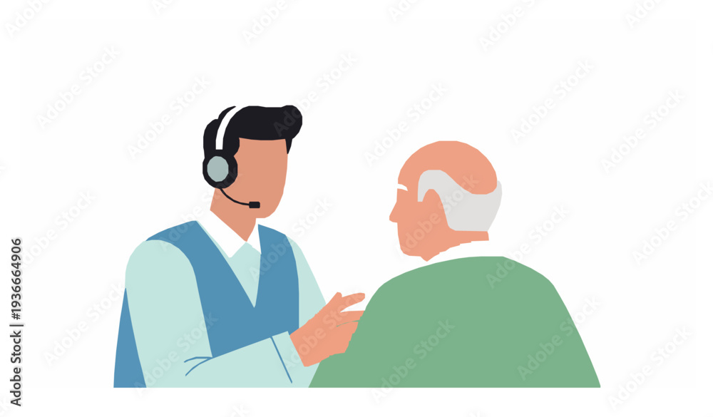 Fototapeta premium Call center operator talking to elderly man flat vector illustration EPS 10