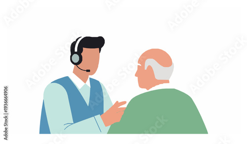 Call center operator talking to elderly man flat vector illustration EPS 10