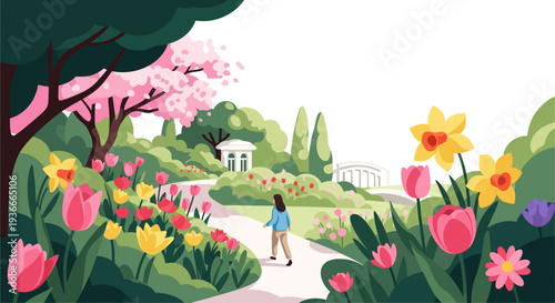 Girl walking on a winding path in a botanical park