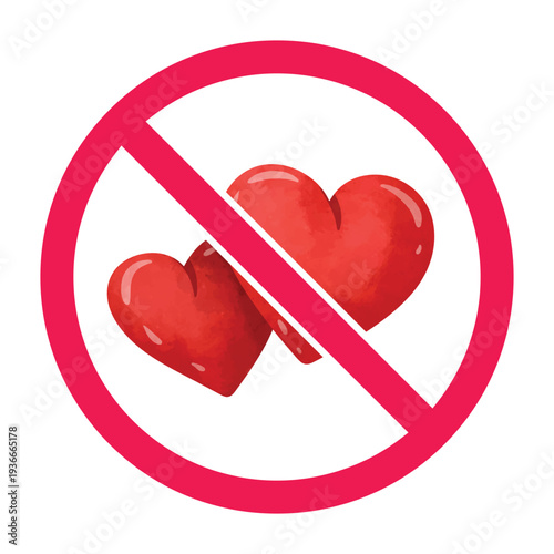 No love or hearts sign, no valentine’s day celebration sign, no valentines allowed prohibition sign, romance forbidden symbol vector illustration
