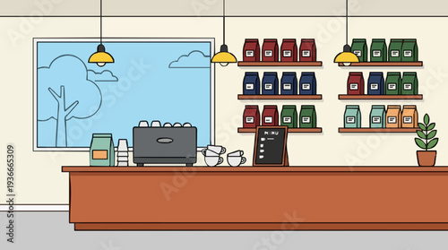 Cozy Cafe Counter Displaying Packaged Coffee Beans With A Large Window Showing A Stylized Tree And Sky
