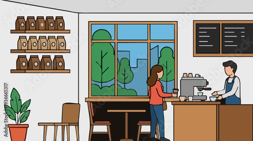Young Woman Orders Coffee at Counter While Barista Prepares Drink Inside Cozy Cafe With Shelves of Coffee Bags and Window View