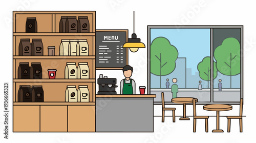 Cozy Coffee Shop Interior With Barista And Shelves Displaying Coffee Bags With Outdoor City View Through Large Window