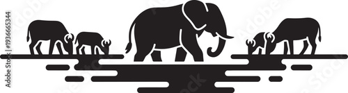 African elephant walking past grazing buffalos at watering hole landscape silhouette art