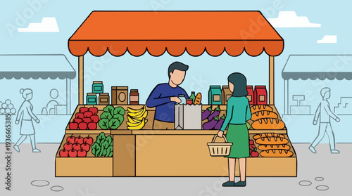 Outdoor Market Stall With Vendor Selling Fresh Produce To Shopper Amidst Bustling Crowd And Blue Sky Overhead