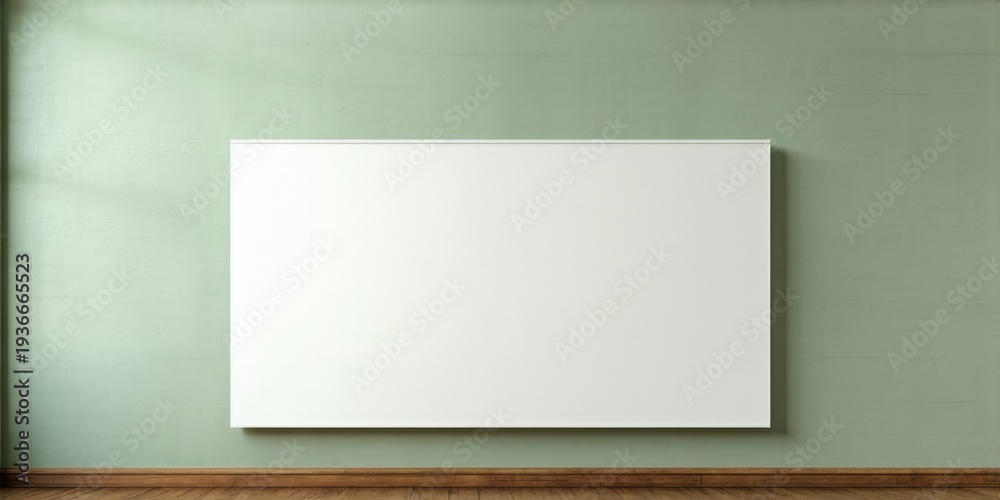 Obraz premium Blank canvas hangs centered on muted green wall. Dark flooring provides contrast. Minimalist aesthetic, simple composition, clean lines present.