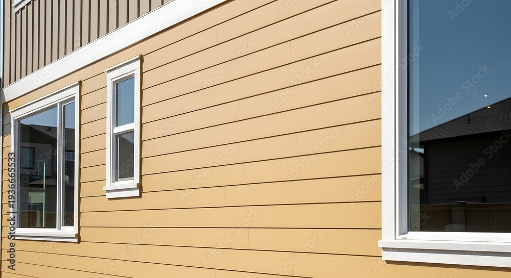 Fototapeta premium Yellow house siding exterior wall with white window trim