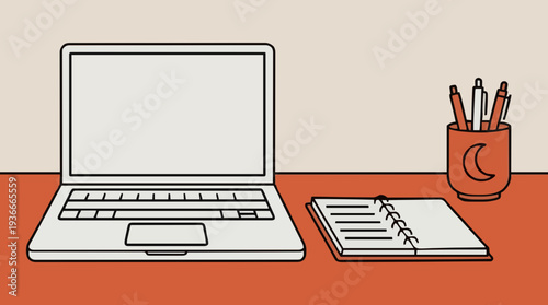 Minimalist Workspace With Laptop Notebook And Pen Holder On Desk With Peach Background