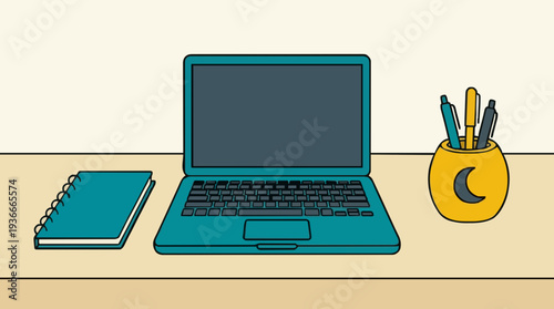 Teal laptop and notebook on a light wood desk with a yellow pen holder featuring a crescent moon design and teal pens and pencils providing a clean workspace illustration