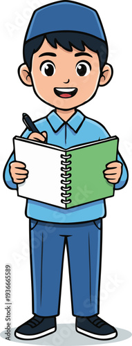 Muslim Boy Student Wearing Peci and Blue Outfit Writing in Book
