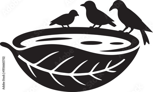Black silhouette birds on nest with water pool and leaf vein pattern vector art