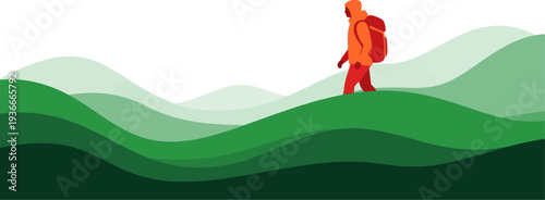 Lone hiker walking across rolling green mountain ridges