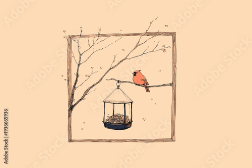 Red Cardinal Perched on Window Feeder