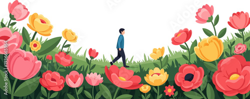 Male figure strolling through a meadow of oversized blossoms