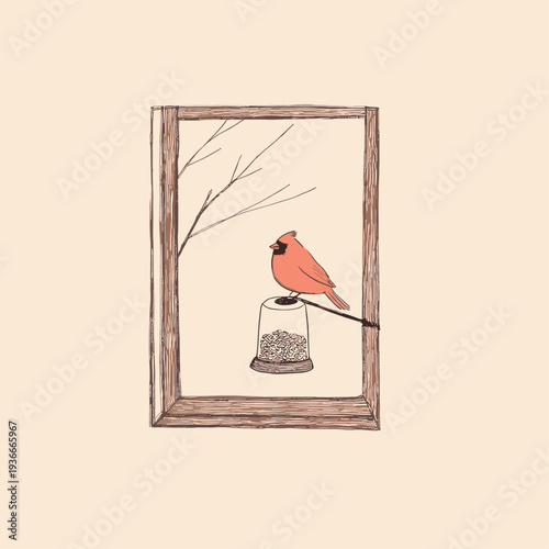 Red Cardinal Perched on Window Feeder