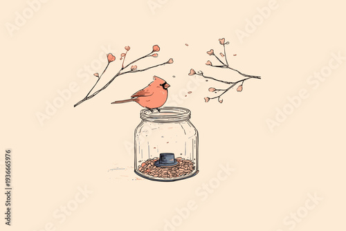 Red Cardinal Perched on Window Feeder