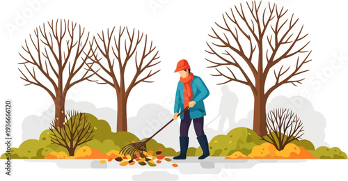 Man raking fallen autumn leaves in a park with bare trees