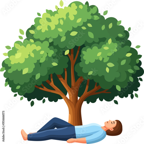 Man sleeping peacefully under a large green tree