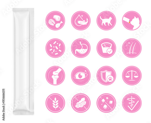 Cat treat lickable creamy snack packaging mockup with set icons. Vector illustration isolated on white background. Can be use for template your design. The outline icons are scalable. EPS10.