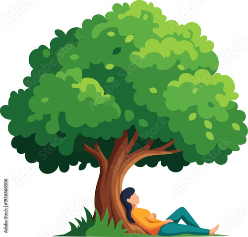 Person taking a peaceful nap under the shade of a large green tree
