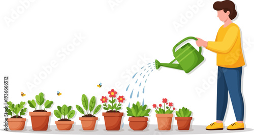 Person watering potted plants with green can
