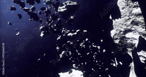 Fényképezés industrial mining rig among rocky asteroids, cutter arms and tethered platforms