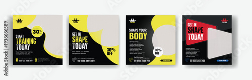 Professional gym fitness marketing template bundle with workout promotion social media post, square flyer poster, web banner ads and advertising design for personal trainer fitness club