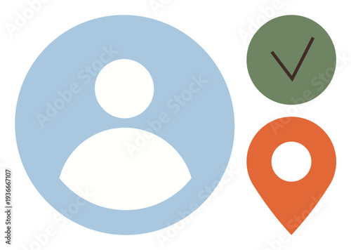 Digital security, identity verification, user profiles, geolocation, usability, data management. Abstract ion of a user icon, check mark and location pin. Identity verification and geolocation