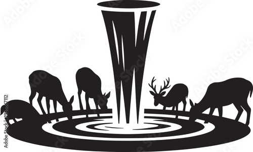 Deer family drinking from fountain silhouette group gathering at water source park design