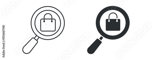 Shopping bag search magnifier outline and solid silhouette icon set. Vector illustration.
