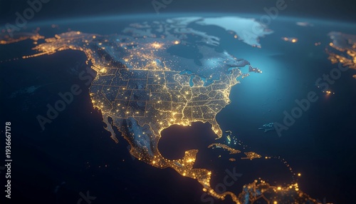 Vibrant Nighttime Glow of Urban Centers Across North America from Orbit, Showcasing Connectivity and Growth